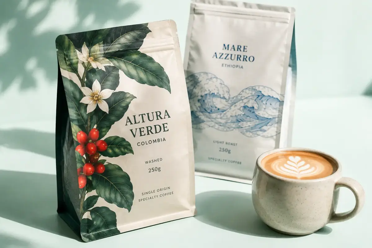 Dvě kávy Beanlist Altura Verde a Mare Azzurro s latte na světle mátovém pozadí
